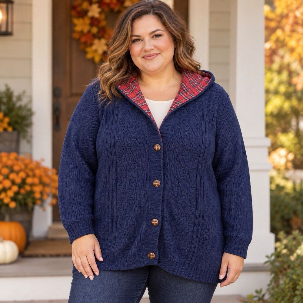 Denim & Co Womens 3X Navy Cable Knit Hooded Cardigan Tartan Plaid Cotton Sweater
